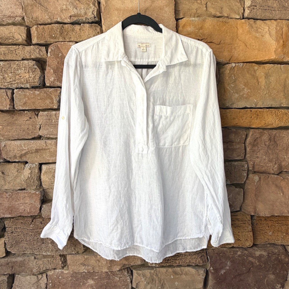 Gap Womens S White Roll Sleeve Henley 100% Linen Collared Shirt Classic Staple